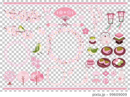 Cherry blossom frame and spring Japanese style material illustration set 99609009