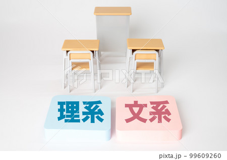 学校の机と「理系と文系」の文字 学校の机と「理系と文系」の文字 99609260