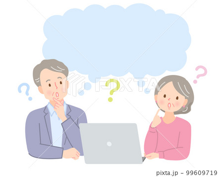 PCを見ながら考える表情のシニア夫婦のイラスト素材 99609719