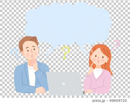 Illustration material of a young couple with an expression thinking while looking at a PC 99609720