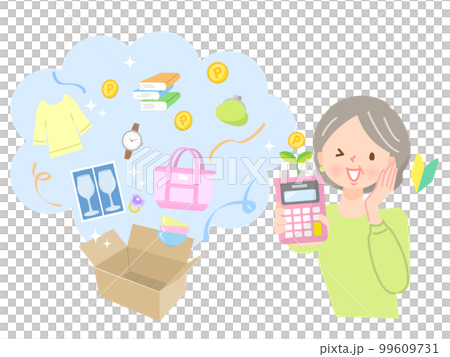 フリーマーケットで商品が売れて喜ぶミドル女性 99609731