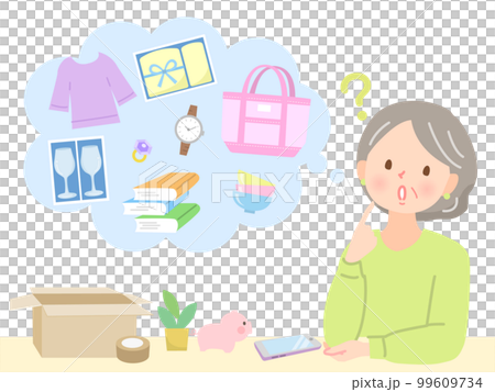 フリーマーケットで販売する商品を考えているミドル女性 99609734