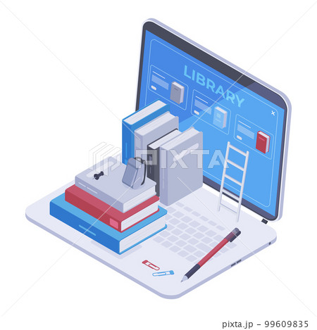 Isometric online library. E-books online bookshelf, mobile education e-learning 3d vector concept illustration 99609835