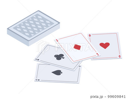 Isometric playing cards. Casino black and red suits, clubs, spaces, hearts and diamonds cards. Poker and blackjack gambling cards 3d vector illustration on white background 99609841