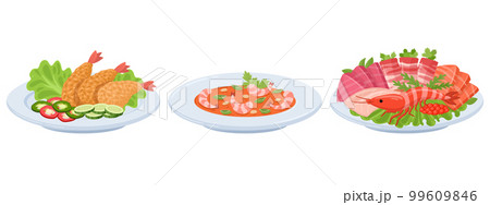 Cartoon asian cuisine dishes. Japanese and Korean traditional food, seafood plates, tempura, sashimi and shrimps flat vector illustration set 99609846