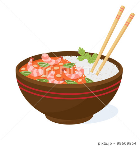 Cartoon asian food bowl. Korean or Japanese dish, rice and shrimps, traditional asian cuisine flat vector illustration Cartoon asian food bowl. Korean or Japanese dish, rice and shrimps, traditional asian cuisine flat vector illustration 99609854