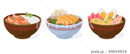 Cartoon asian food bowls. Japanese seafood, traditional asian cuisine, ramen soup and rice bowl, oriental seafood dish flat vector illustration set Cartoon asian food bowls. Japanese seafood, traditional asian cuisine, ramen soup and rice bowl, oriental seafood dish flat vector illustration set 99609858