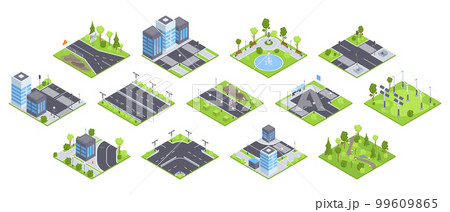 Isometric urban city set. City park environment, street roads, road signs and trees 3d vector illustration set 99609865