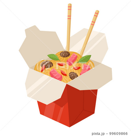 Cartoon asian noodle box. Japanese wok box, traditional asian cuisine, fastfood chinese meal flat vector illustration on white background 99609866