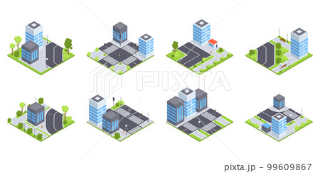 Isometric urban city set. Street road crossroads, skyscrapers, road signs and trees 3D vector illustration collection 99609867