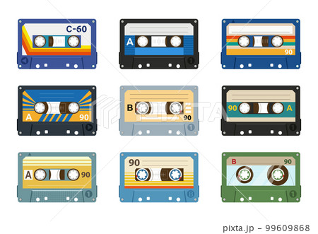 Cartoon audio tape cassettes. Music audio 80s vintage tapes, analogue player old cassette flat vector illustration set on white background 99609868
