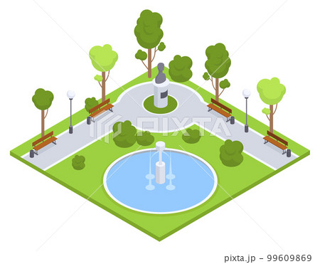 Isometric urban park environment. City park fountain, benches and trees 3D vector illustration on white background 99609869