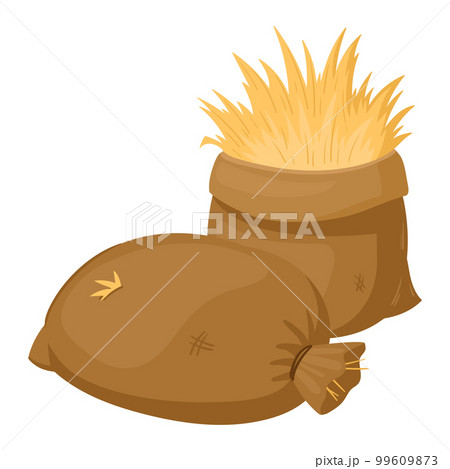 Cartoon bag of hay. Rural agricultural hay, dried fodder straw and hay bag vector illustration on white background 99609873