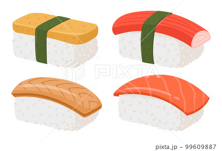 Japanese sushi set. Cartoon seafood dish, sushi with salmon, eel fish and tuna traditional asian cuisine flat vector illustration 99609887