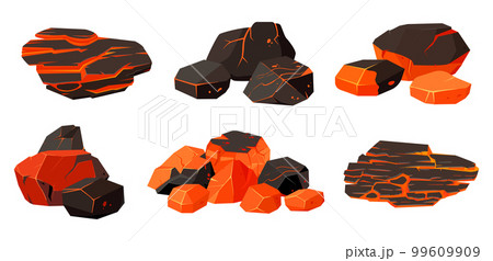 Cartoon burning coals. Glowing charcoal, flaming smoking embers, smoldering barbecue fireplace hot flaming charcoal flat vector illustration set on white background 99609909