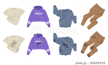 Cartoon dirty and clean clothes. Laundry apparel, wrinkled stained clothes become clean and fresh flat vector illustration on white background Cartoon dirty and clean clothes. Laundry apparel, wrinkled stained clothes become clean and fresh flat vector illustration on white background 99609956