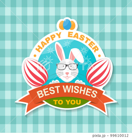 Happy Easter card, sticker, patch. Vector. Typography design with easter rabbit, eggs. Modern minimal style. For poster, greeting card, overlay, sticker 99610012