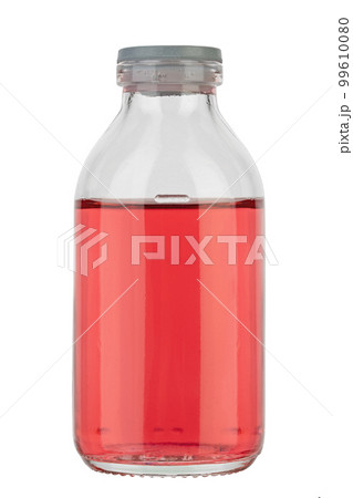 An almost full bottle of red syrup, a medical drug. Isolated on white background 99610080