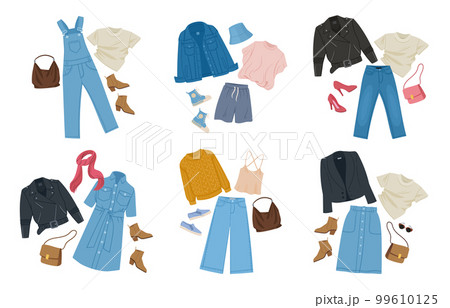Cartoon fashion denim outfits. Casual clothing with denim jacket, dress and skirt, modern outfits and accessories flat vector illustration set on white background Cartoon fashion denim outfits. Casual clothing with denim jacket, dress and skirt, modern outfits and accessories flat vector illustration set on white background 99610125