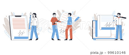 People signing business contract. Electronic signature, characters signing official deal paper documents flat vector illustration People signing business contract. Electronic signature, characters signing official deal paper documents flat vector illustration 99610146