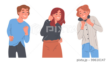 People with victory triumph emotion. Happy persons celebrating win, successful characters enjoy spoils of victory flat vector illustration isolated on white background People with victory triumph emotion. Happy persons celebrating win, successful characters enjoy spoils of victory flat vector illustration isolated on white background 99610147