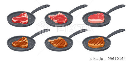 Raw and roasted meat steak on fried pan. Cartoon pork and beef steaks cooking process, roasted or grilled meat semi-finished products flat vector illustration set Raw and roasted meat steak on fried pan. Cartoon pork and beef steaks cooking process, roasted or grilled meat semi-finished products flat vector illustration set 99610164