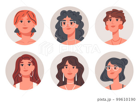 Stunning women avatars. Cartoon beautiful girls portraits, fashionable young female faces, cute female characters flat vector illustration set on white background 99610190