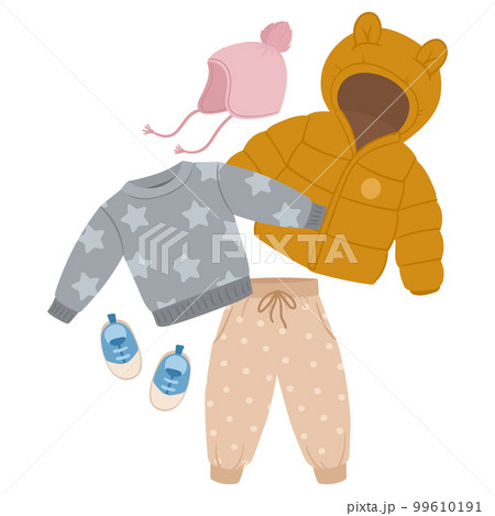 Cartoon kids outfit. Baby boy or girl casual garments, cute little pants, puffer jacket and acsessories flat vector illustration on white background Cartoon kids outfit. Baby boy or girl casual garments, cute little pants, puffer jacket and acsessories flat vector illustration on white background 99610191