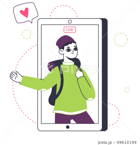 Travel blogger on smartphone screen. Vlogging, online stream, touristic video content author on mobile phone screen vector illustration 99610199