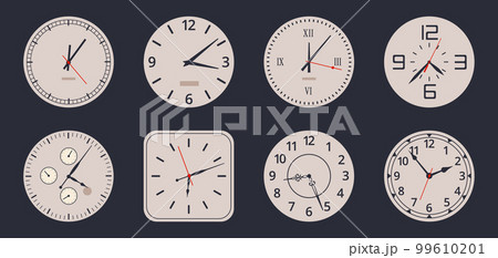 Watch faces. Cartoon analog clocks, electronic and mechanical vintage watch faces with numbers and clock hands flat vector illustration set on white background Watch faces. Cartoon analog clocks, electronic and mechanical vintage watch faces with numbers and clock hands flat vector illustration set on white background 99610201