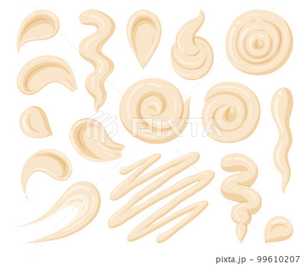 Cartoon mayo sauce stains. White sauce dip, sauce splash, fast food dressing, bechamel sauce flat vector illustration on white background Cartoon mayo sauce stains. White sauce dip, sauce splash, fast food dressing, bechamel sauce flat vector illustration on white background 99610207