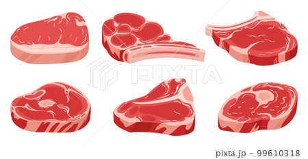 Cartoon raw meat steaks. Pork or red beef steaks, fresh raw filet flat vector illustration on white background Cartoon raw meat steaks. Pork or red beef steaks, fresh raw filet flat vector illustration on white background 99610318