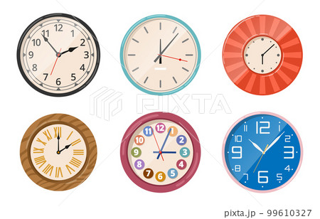 Cartoon round watches. Electronic wall clock, mechanical vintage clock faces, digital timepieces and quartz interior chronometers flat vector illustration set Cartoon round watches. Electronic wall clock, mechanical vintage clock faces, digital timepieces and quartz interior chronometers flat vector illustration set 99610327