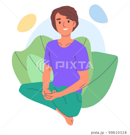 Yoga and meditation. Male person meditating in lotus pose, mindful relaxing man breath and balance training flat vector illustration on white background Yoga and meditation. Male person meditating in lotus pose, mindful relaxing man breath and balance training flat vector illustration on white background 99610328