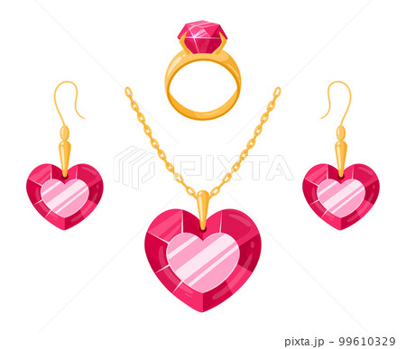 Cartoon ruby golden jewelry. Precious necklace, ring and gold earrings, glamorous jewelry, ruby gemstones set flat vector illustration on white background Cartoon ruby golden jewelry. Precious necklace, ring and gold earrings, glamorous jewelry, ruby gemstones set flat vector illustration on white background 99610329