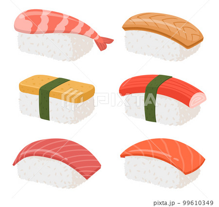 Cartoon sushi set. Seafood Japanese dish, sushi with salmon, shrimp and tuna, traditional Japanese cuisine flat vector illustration 99610349