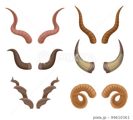 Cartoon wild animals horns. Horned goat, buffalo and ram antlered, ungulates mammals horns flat vector illustration set on white background Cartoon wild animals horns. Horned goat, buffalo and ram antlered, ungulates mammals horns flat vector illustration set on white background 99610361