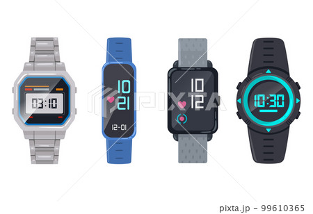 Cartoon wrist watches. Electronic and smart hand clocks, classic watches. Smart wristwatch flat vector illustration collection 99610365