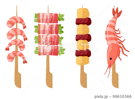 Cartoon yakitori set. Asian fast food dishes with seafood, shrimp and meat yakitori skewers flat vector illustration on white background 99610366