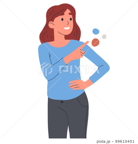 Female character pointing with index fingers. Cheerful Woman indicating and pointing side flat vector illustration on white background Female character pointing with index fingers. Cheerful Woman indicating and pointing side flat vector illustration on white background 99610401