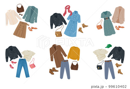 Female fashion outfits. Cartoon casual clothing, jackets, denim, ankle boots and pouch, modern fashion looks flat vector illustration set on white background Female fashion outfits. Cartoon casual clothing, jackets, denim, ankle boots and pouch, modern fashion looks flat vector illustration set on white background 99610402