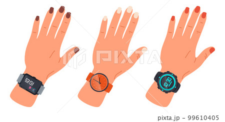 Female hands wearing wristwatches. Cartoon woman hands with quartz analog and electronic watches flat vector illustration set Female hands wearing wristwatches. Cartoon woman hands with quartz analog and electronic watches flat vector illustration set 99610405