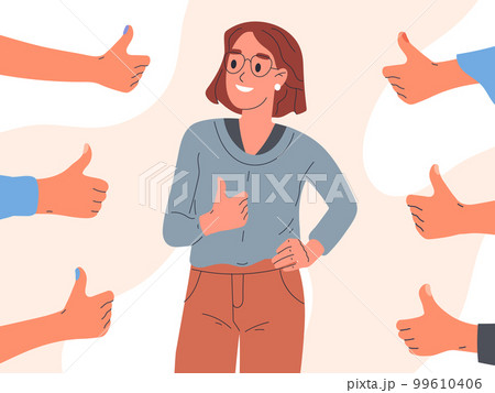 Female person surrounded thumbs up. Social positive approval, public positive acceptance and respect opinion flat vector illustration Female person surrounded thumbs up. Social positive approval, public positive acceptance and respect opinion flat vector illustration 99610406