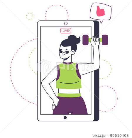 Fitness blogger on smartphones screen. Online workout, sport lover blog concept. Video content author on mobile phone screen flat vector illustration Fitness blogger on smartphones screen. Online workout, sport lover blog concept. Video content author on mobile phone screen flat vector illustration 99610408