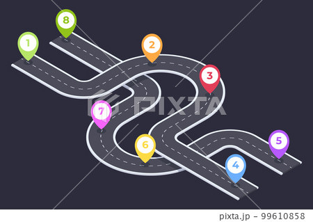 Isometric 8 steps timeline navigation. Winding roadmap pathway, road infographic, city map timeline road 3d vector illustration on white background Isometric 8 steps timeline navigation. Winding roadmap pathway, road infographic, city map timeline road 3d vector illustration on white background 99610858