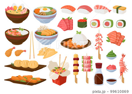 Cartoon asian food. Japanese and Korean traditional cuisine dishes, rice, ramen, tempura, sushi, onigiri and sashimi flat vector illustration set. Oriental seafood dishes 99610869