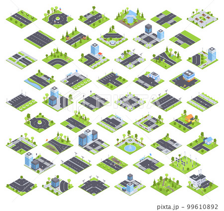 Isometric road elements, city map constructor. Street road crossroads with traffic lights, billboards, road signposts and trees 3D vector illustration set. Urban city road collection 99610892