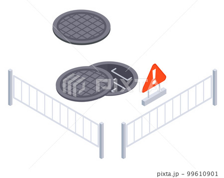 Isometric city road barriers. Urban city sewer works, road under construction, road fenced with security signposts 3D vector illustration 99610901