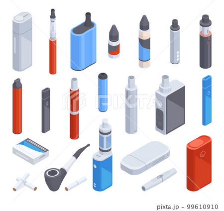 Isometric electronic cigarettes. Digital e-cigarette, vape smoke accessories 3D vector illustration collection. Vape cigarettes set 99610910