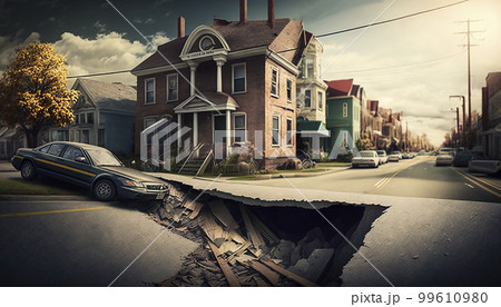 Ruins of a buildings with a crack in the ground after an earthquake, city view on background. Generated AI 99610980